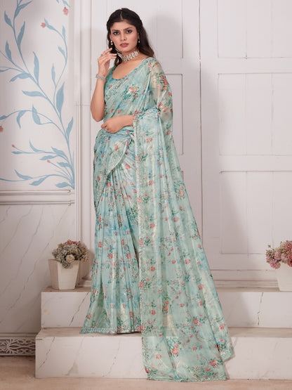 Sea Blue Organza Saree