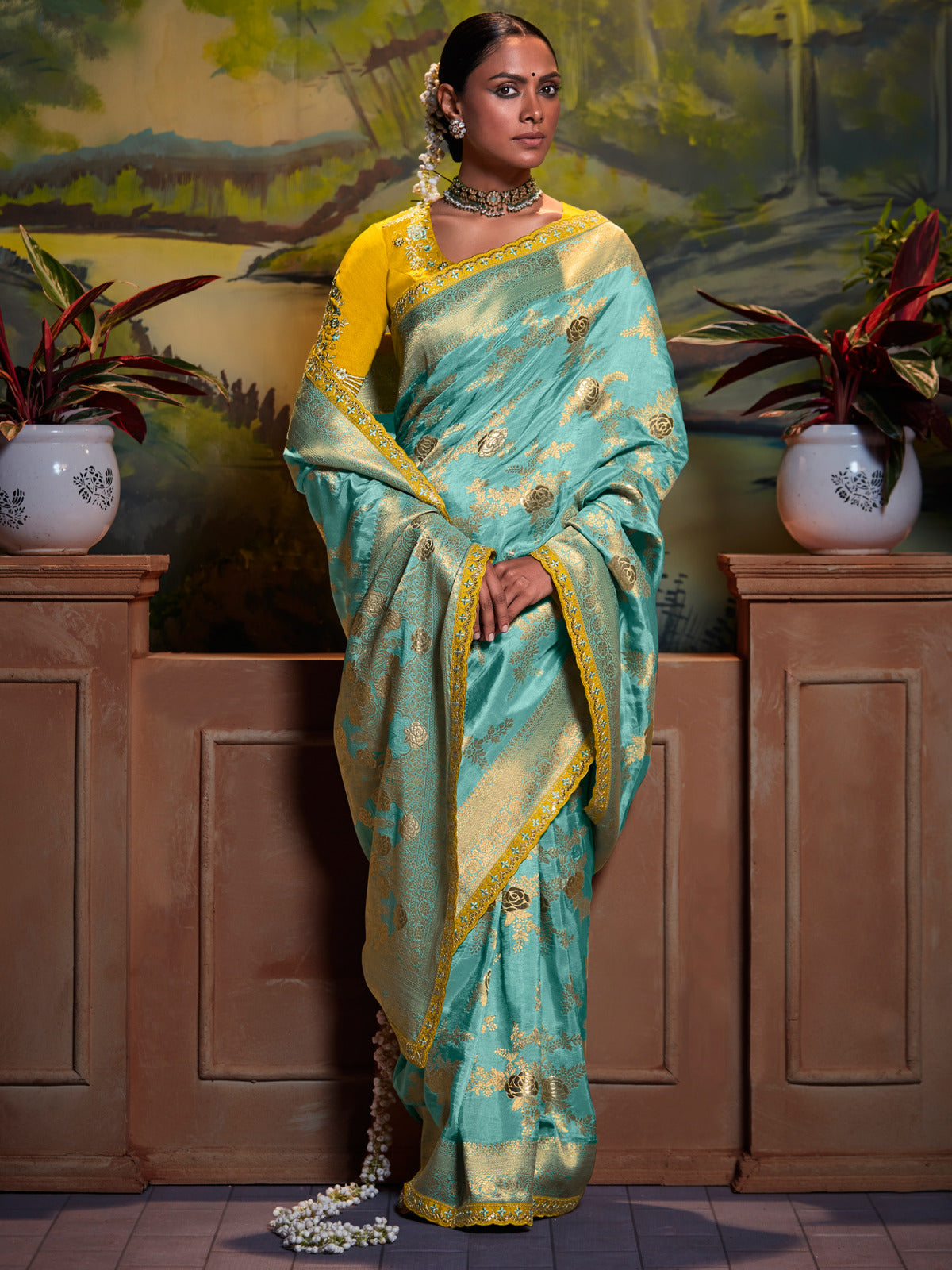 Teal Blue Woven Banarasi Silk Saree