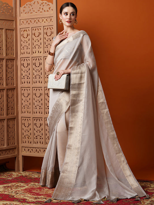 Steel Grey Woven Organza Saree