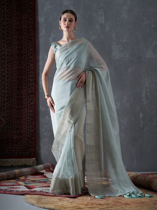 Sky Blue Woven Organza Saree