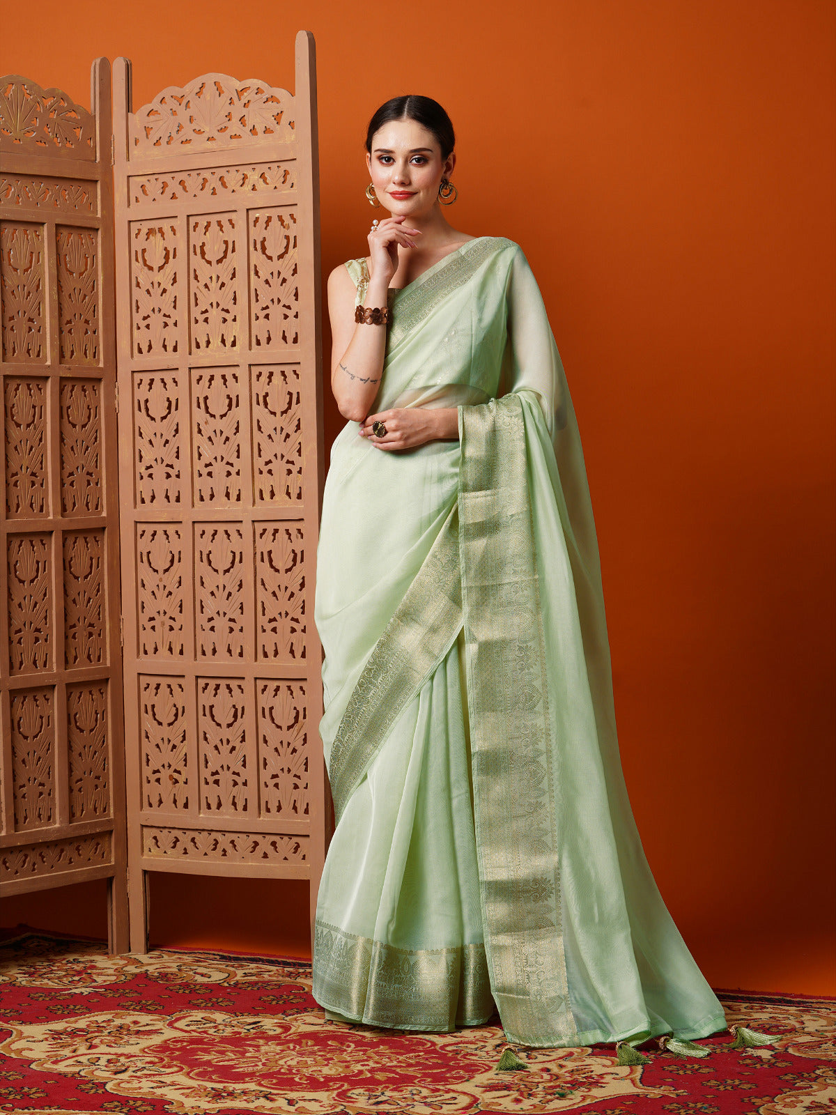 Light green Woven Organza Saree