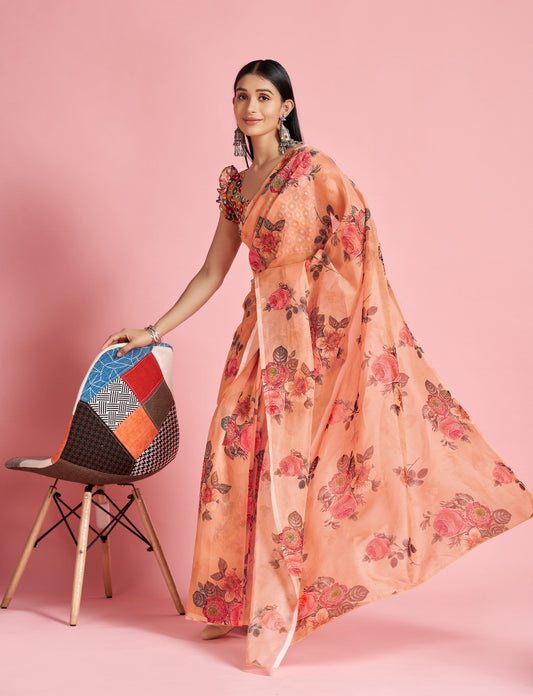 True Peach Floral Organza Saree