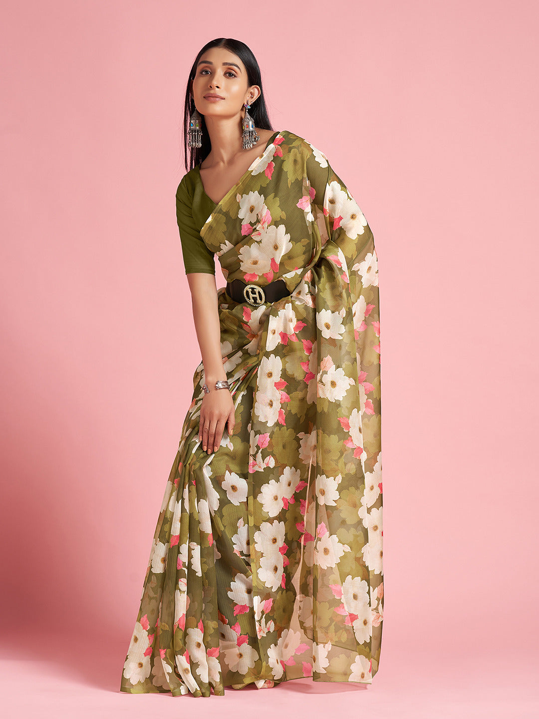 Green Floral Organza Saree