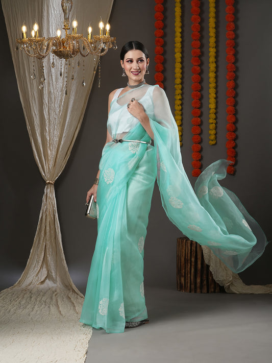 Teal Blue Embroidered Bagru Organza Saree