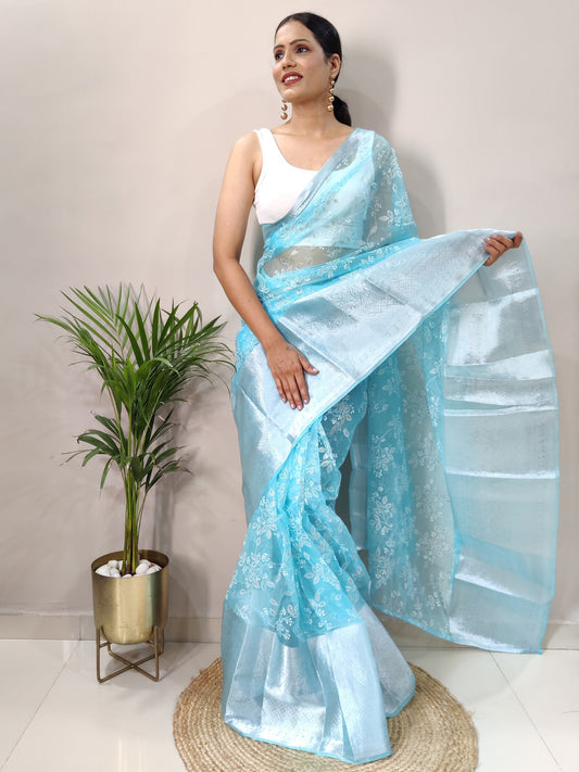 Turquoise Botanical Organza Saree