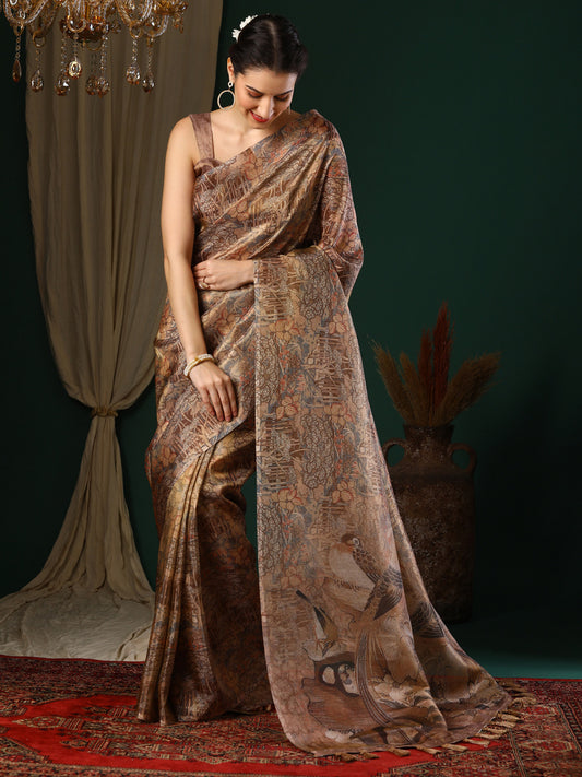 Stone Brown Abstract Organza Saree