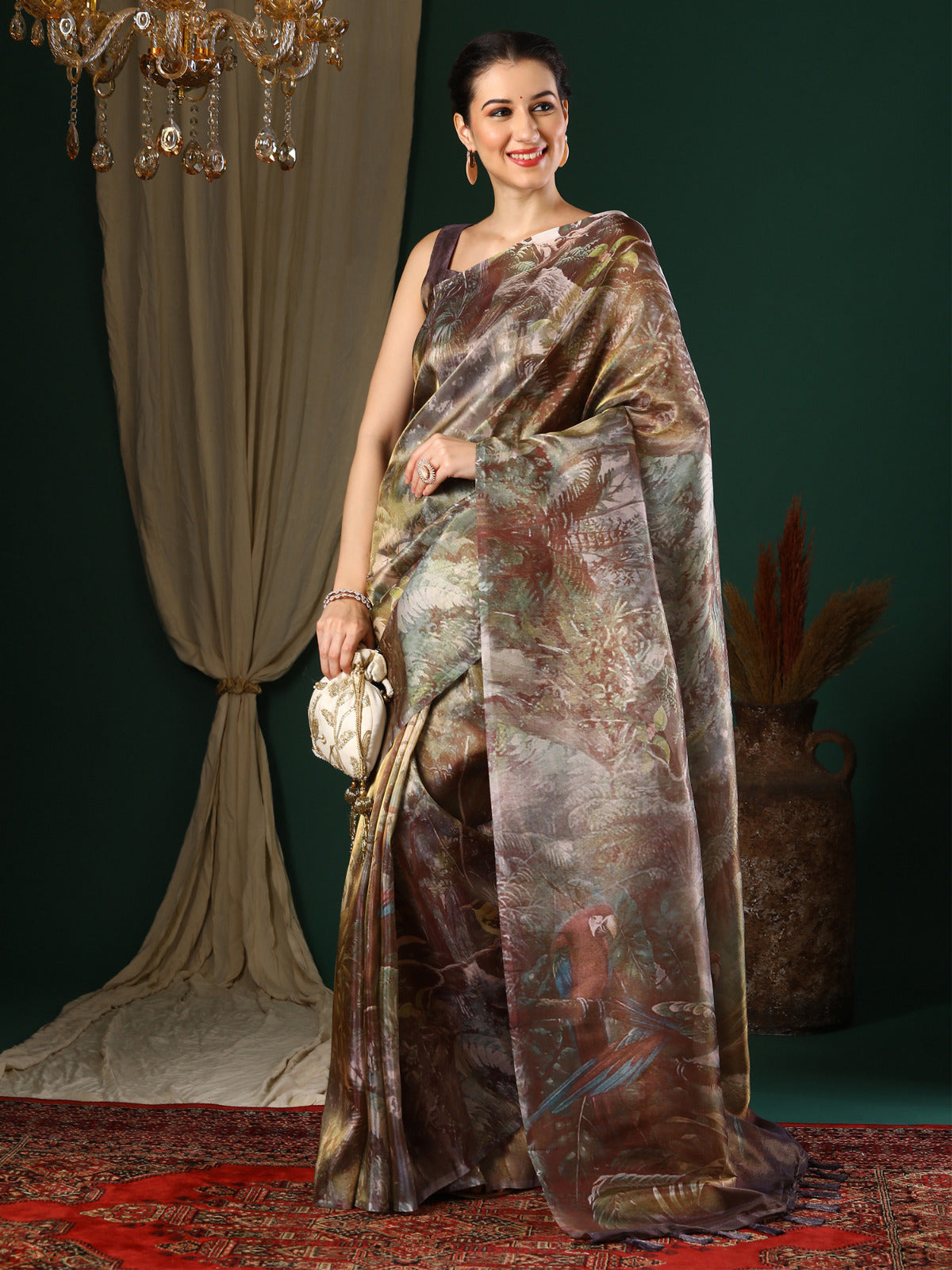 Mocha Abstract Organza Saree