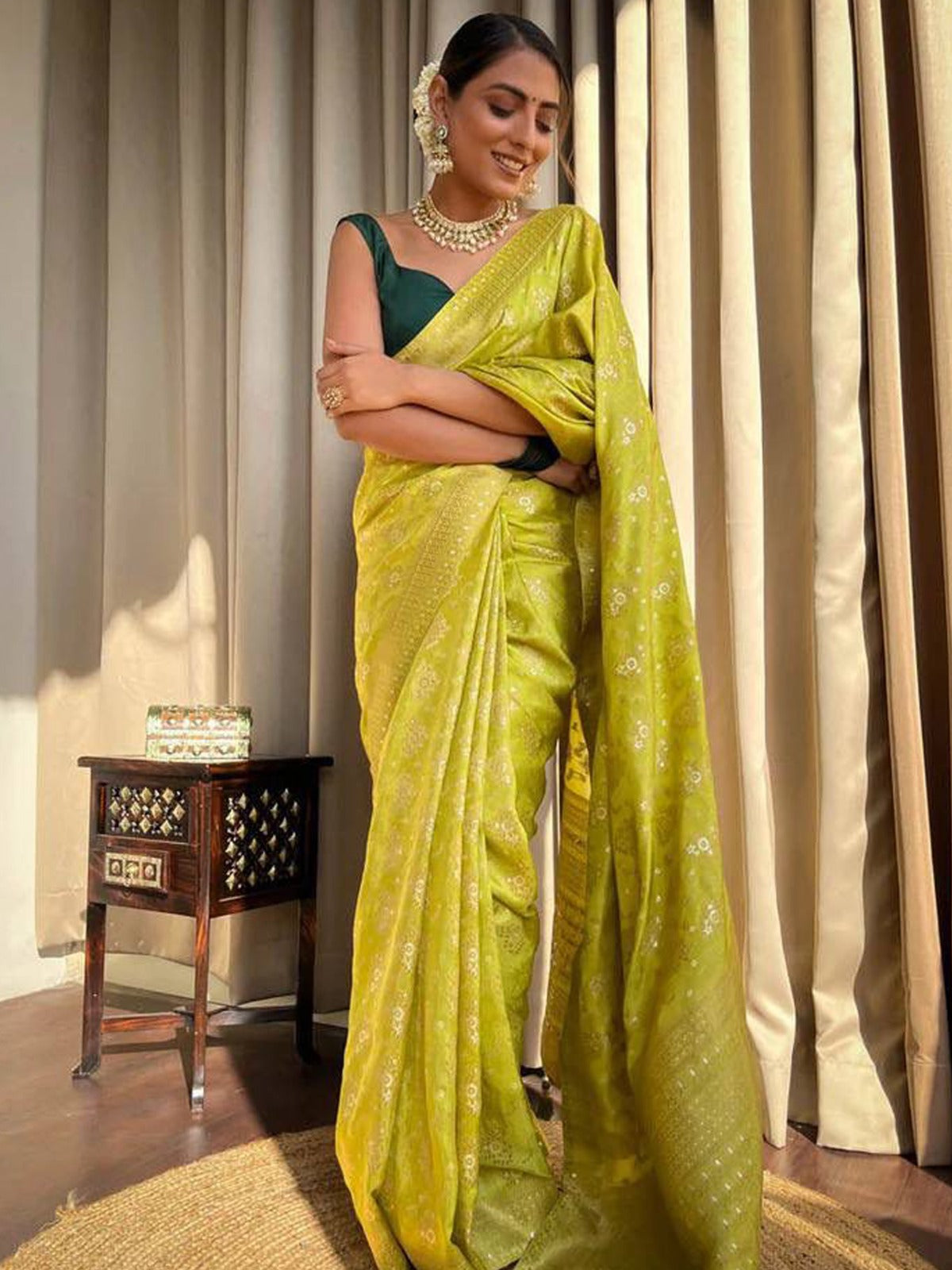 Lime Green Woven Banarasi Silk Saree