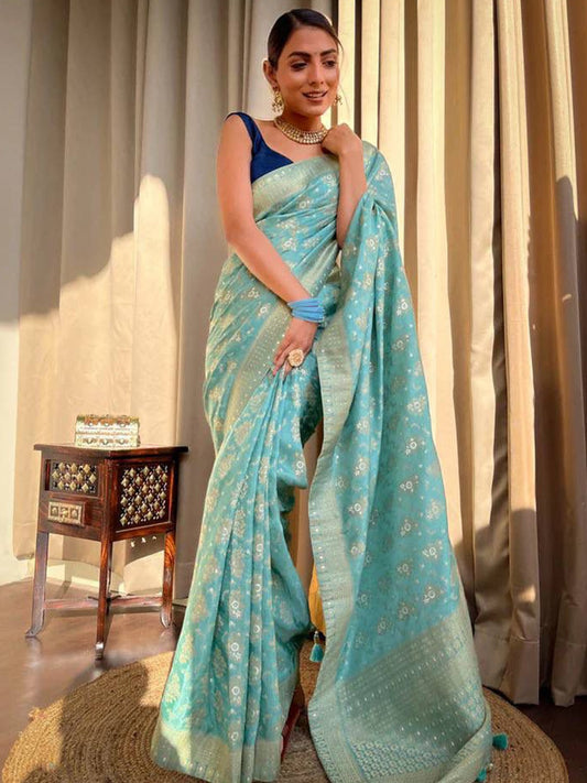 Sky Blue Woven Banarasi Silk Saree
