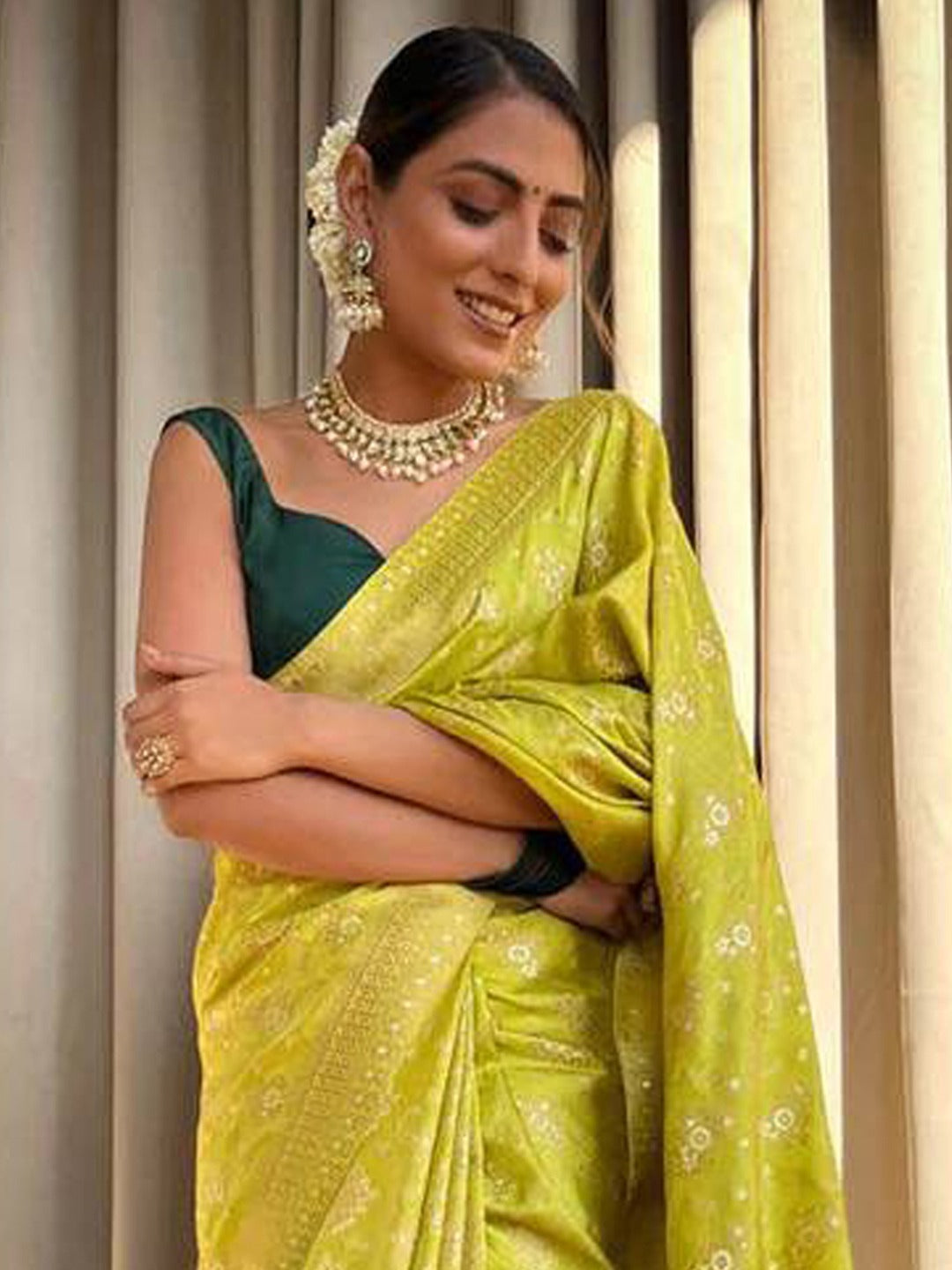 Lime Green Woven Banarasi Silk Saree