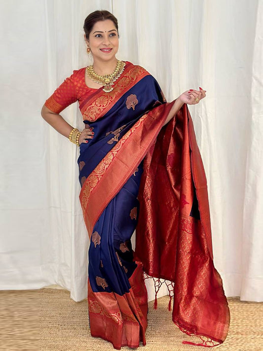 Vivid Blue & Red Woven Banarasi Silk Saree