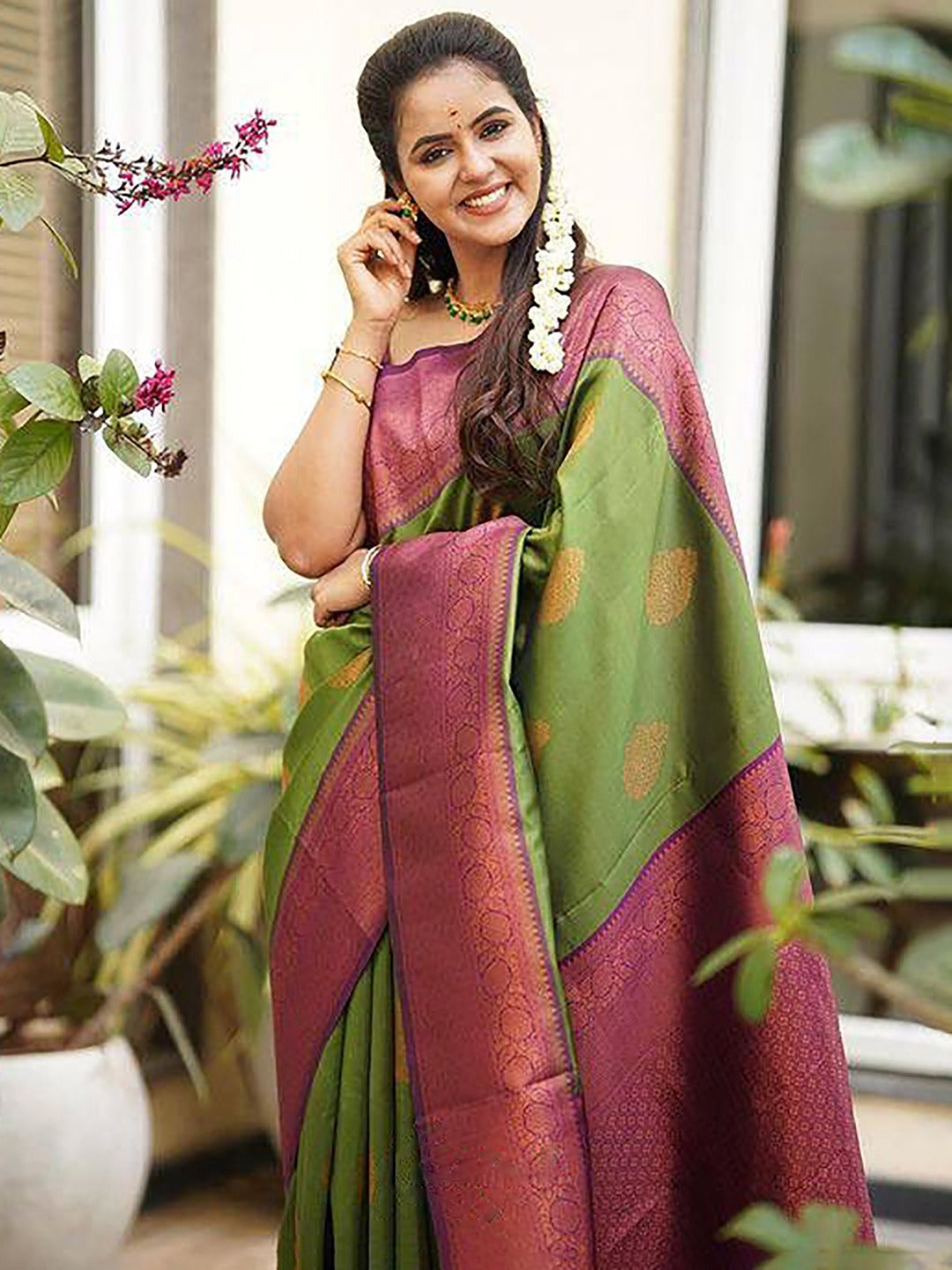 Green & Red Woven Kanjivaram Silk Saree