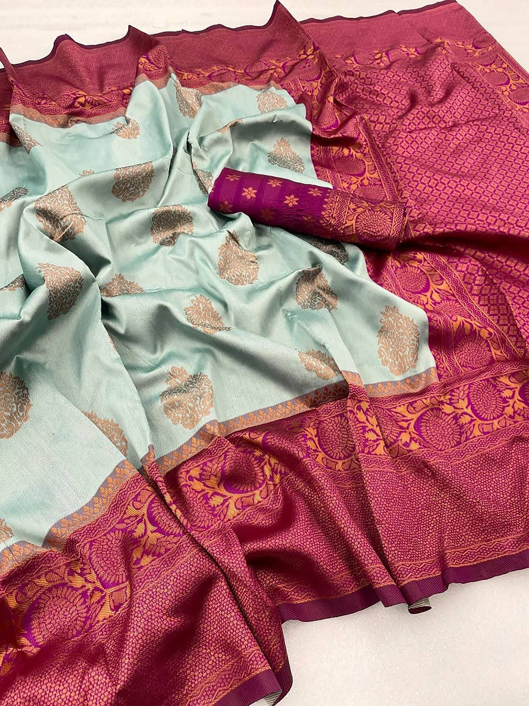 Sky Blue & Red Woven Kanjivaram Silk Saree