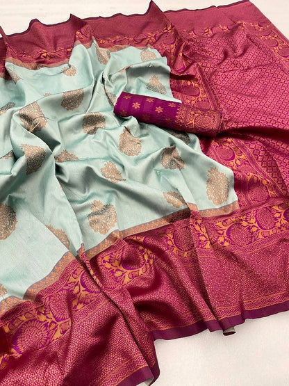 Sky Blue & Red Woven Kanjivaram Silk Saree