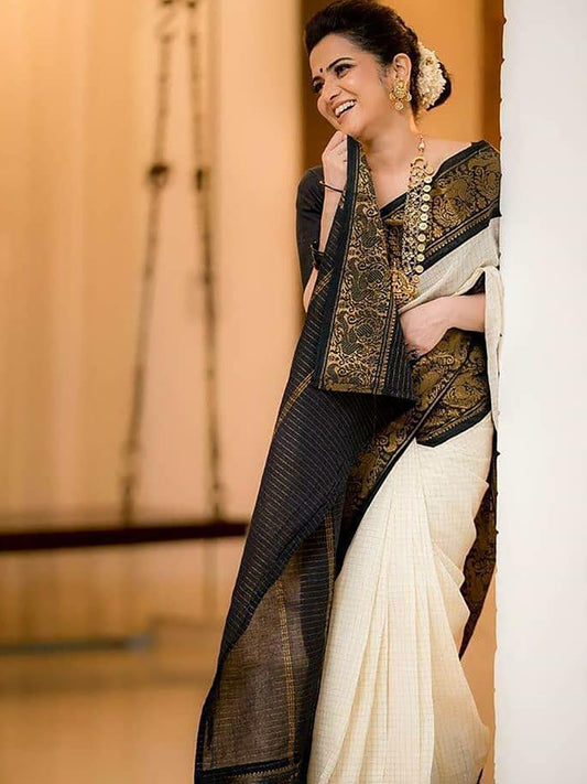 White & Green Woven Banarasi Saree