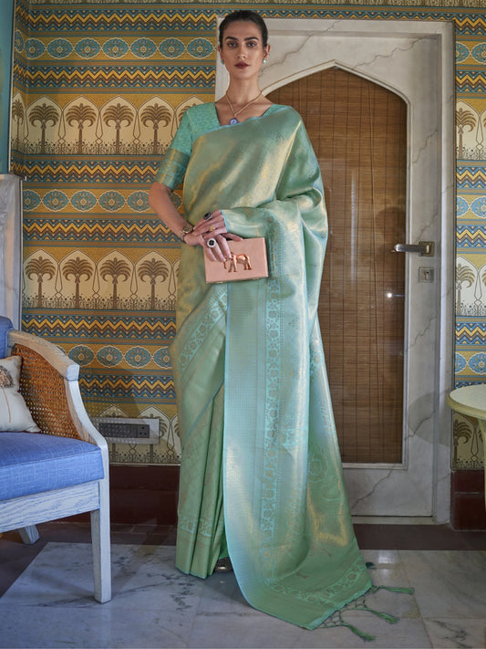 Viridian Blue Woven Kanjivaram Silk Saree