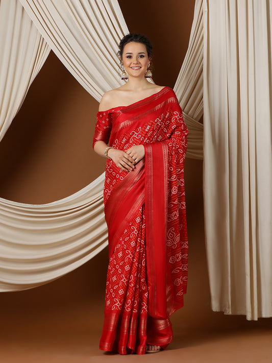 Red Bandhani Silk Saree