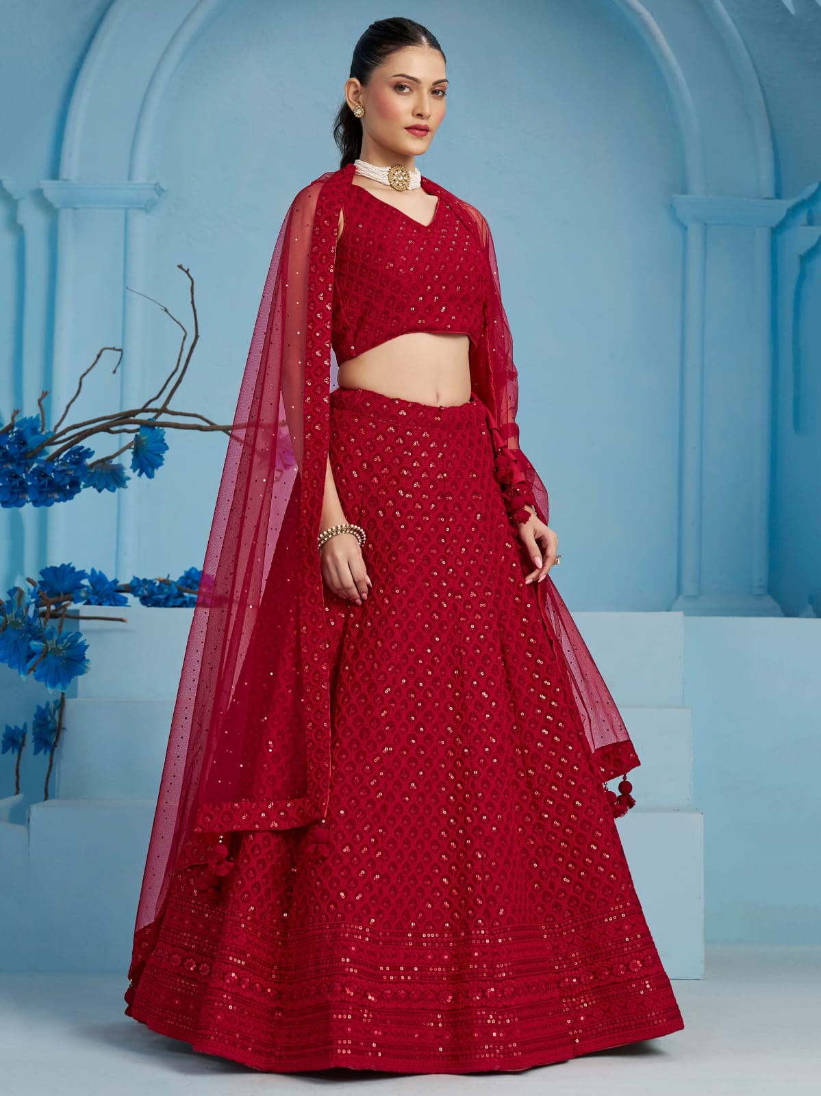ROSE RED GEORGETTE BRIDESMAID LEHENGA CHOLI