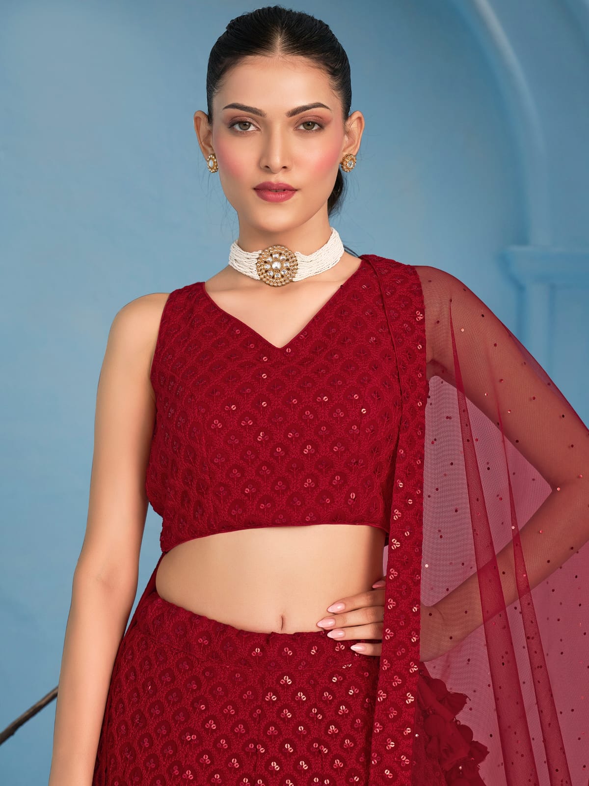 ROSE RED GEORGETTE BRIDESMAID LEHENGA CHOLI
