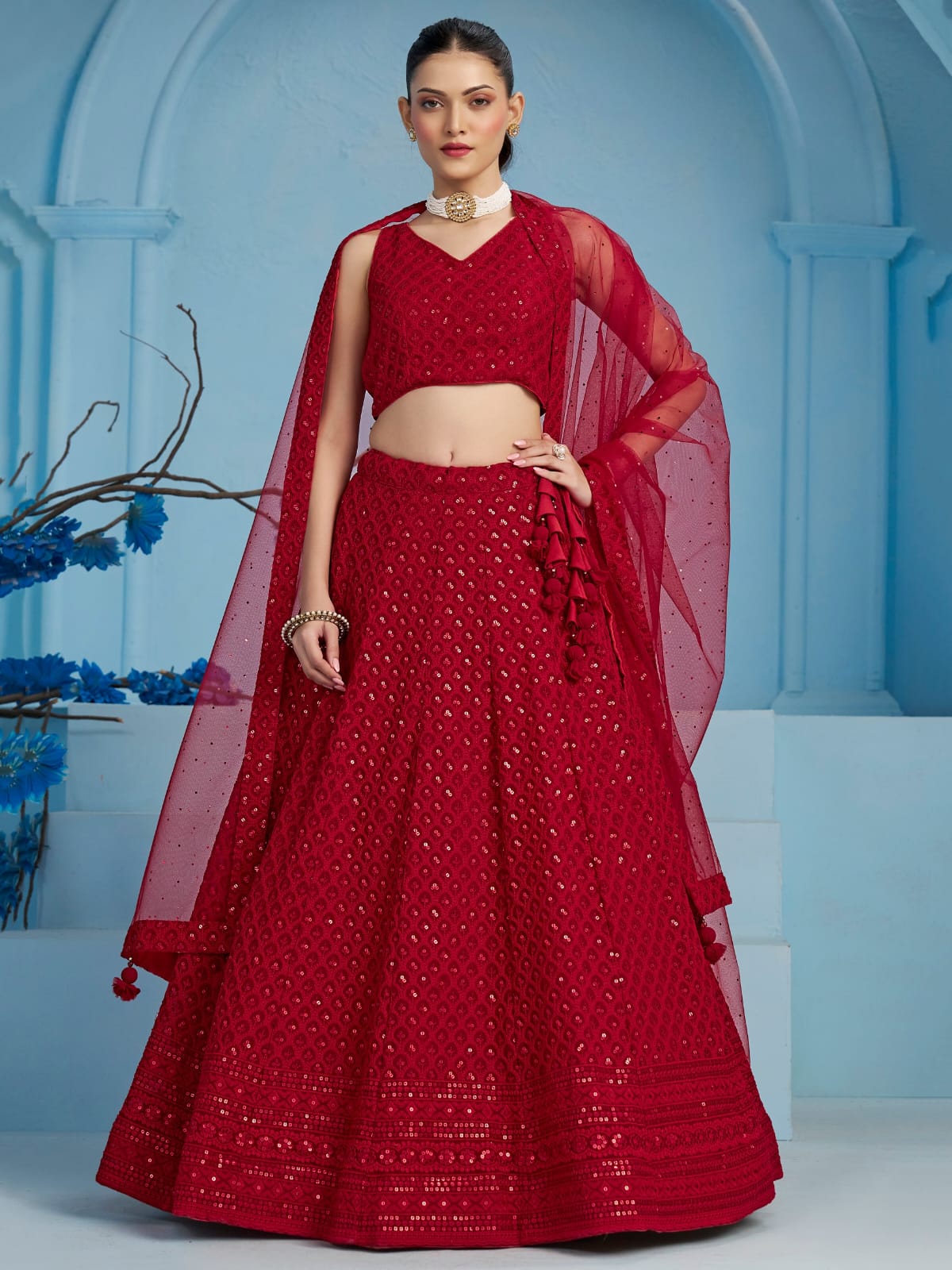 ROSE RED GEORGETTE BRIDESMAID LEHENGA CHOLI
