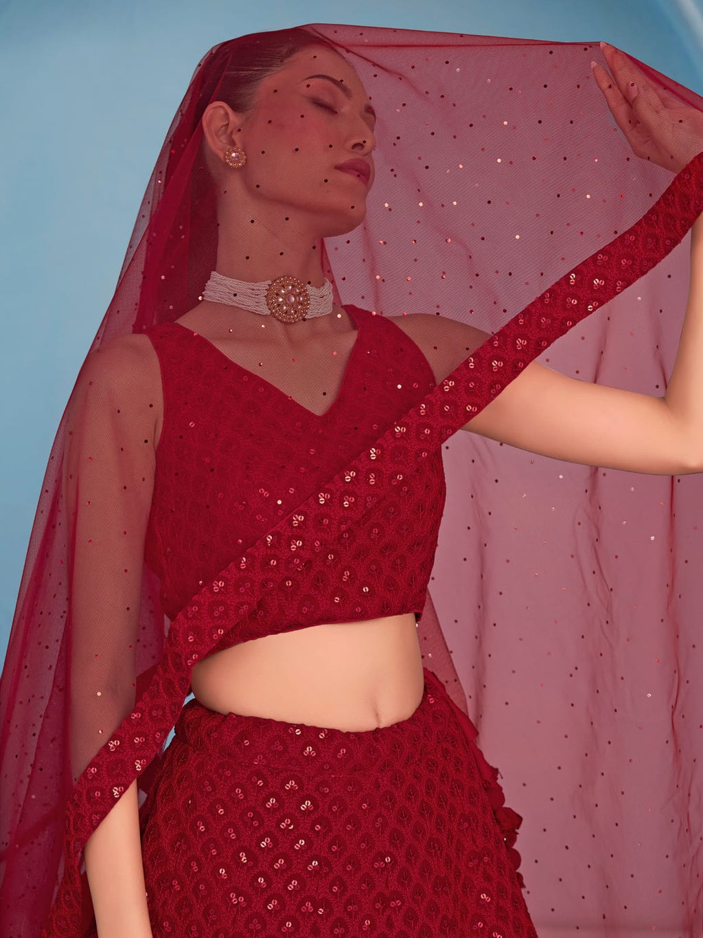 ROSE RED GEORGETTE BRIDESMAID LEHENGA CHOLI