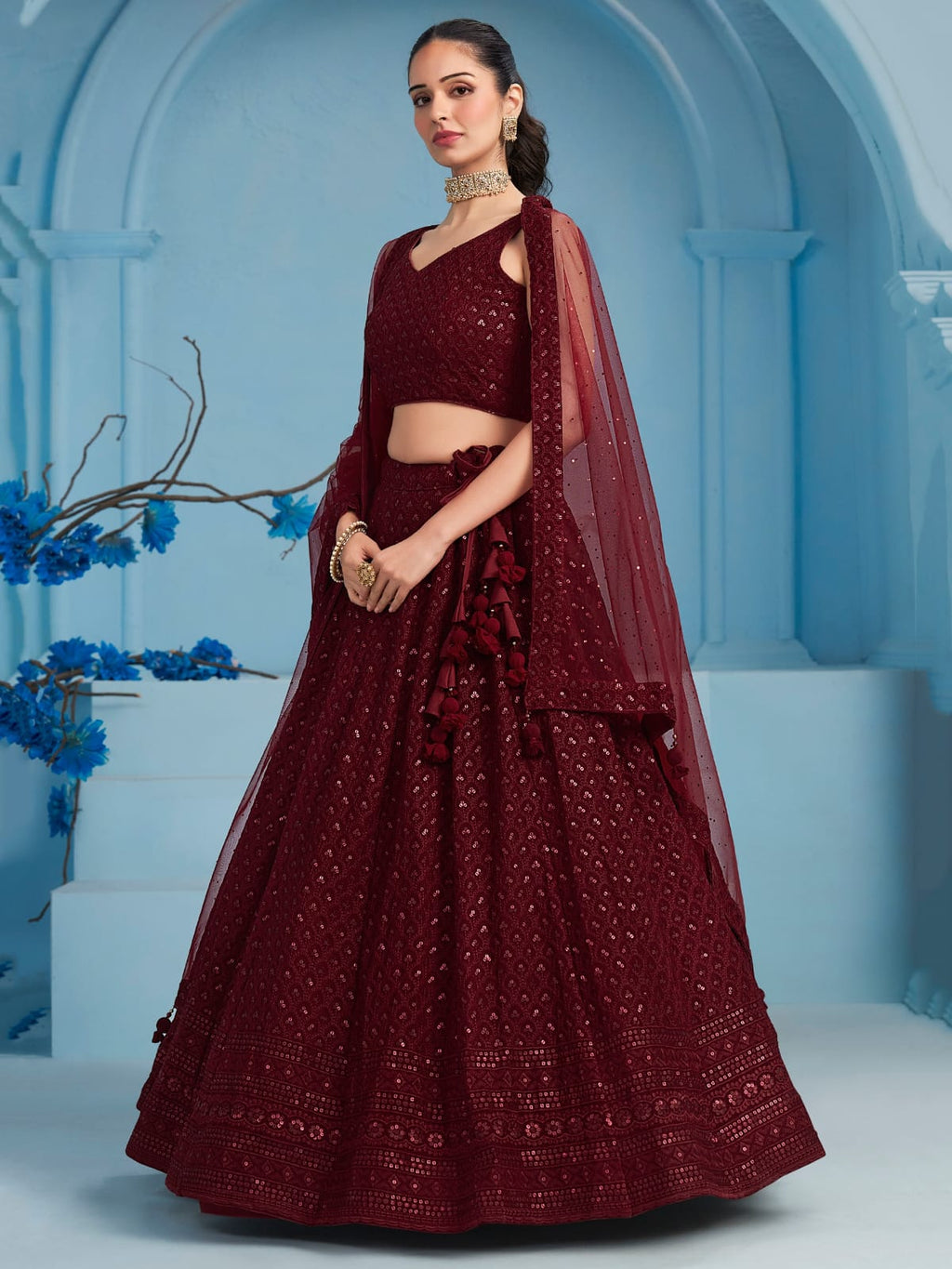 MAROON GEORGETTE BRIDESMAID LEHENGA CHOLI
