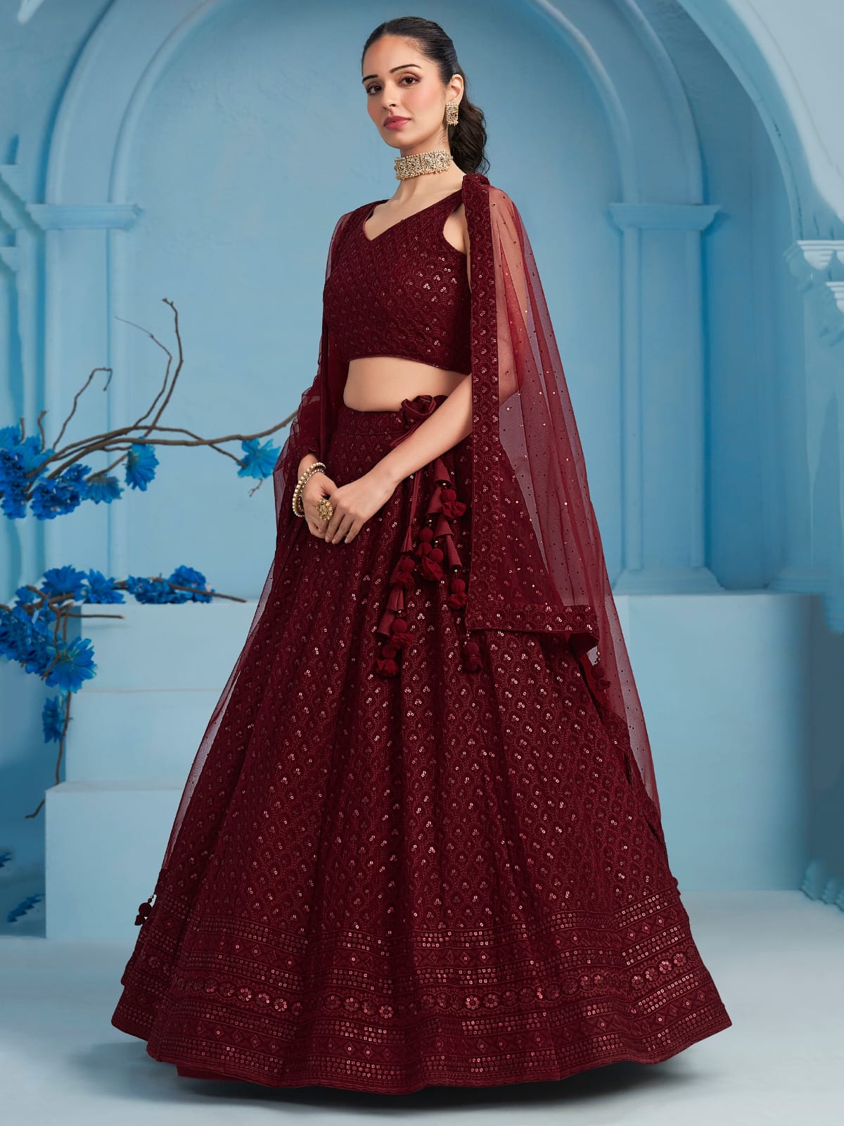 MAROON GEORGETTE BRIDESMAID LEHENGA CHOLI
