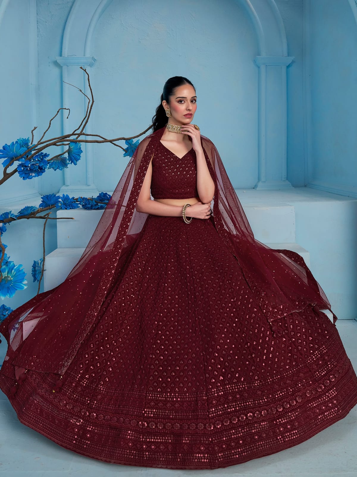MAROON GEORGETTE BRIDESMAID LEHENGA CHOLI