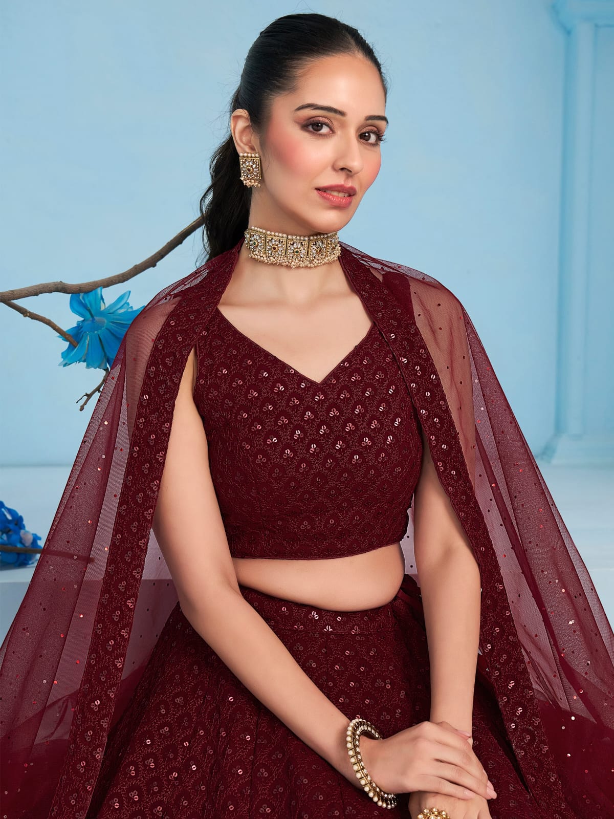 MAROON GEORGETTE BRIDESMAID LEHENGA CHOLI