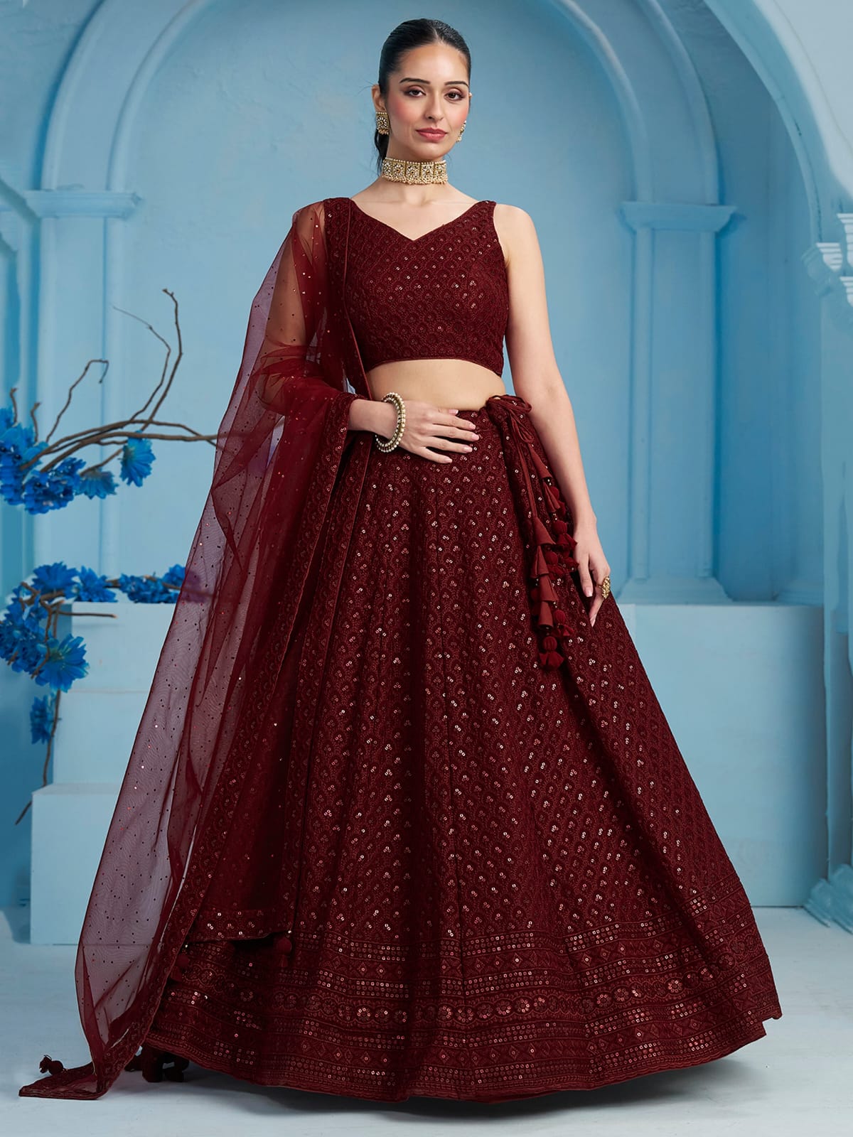MAROON GEORGETTE BRIDESMAID LEHENGA CHOLI