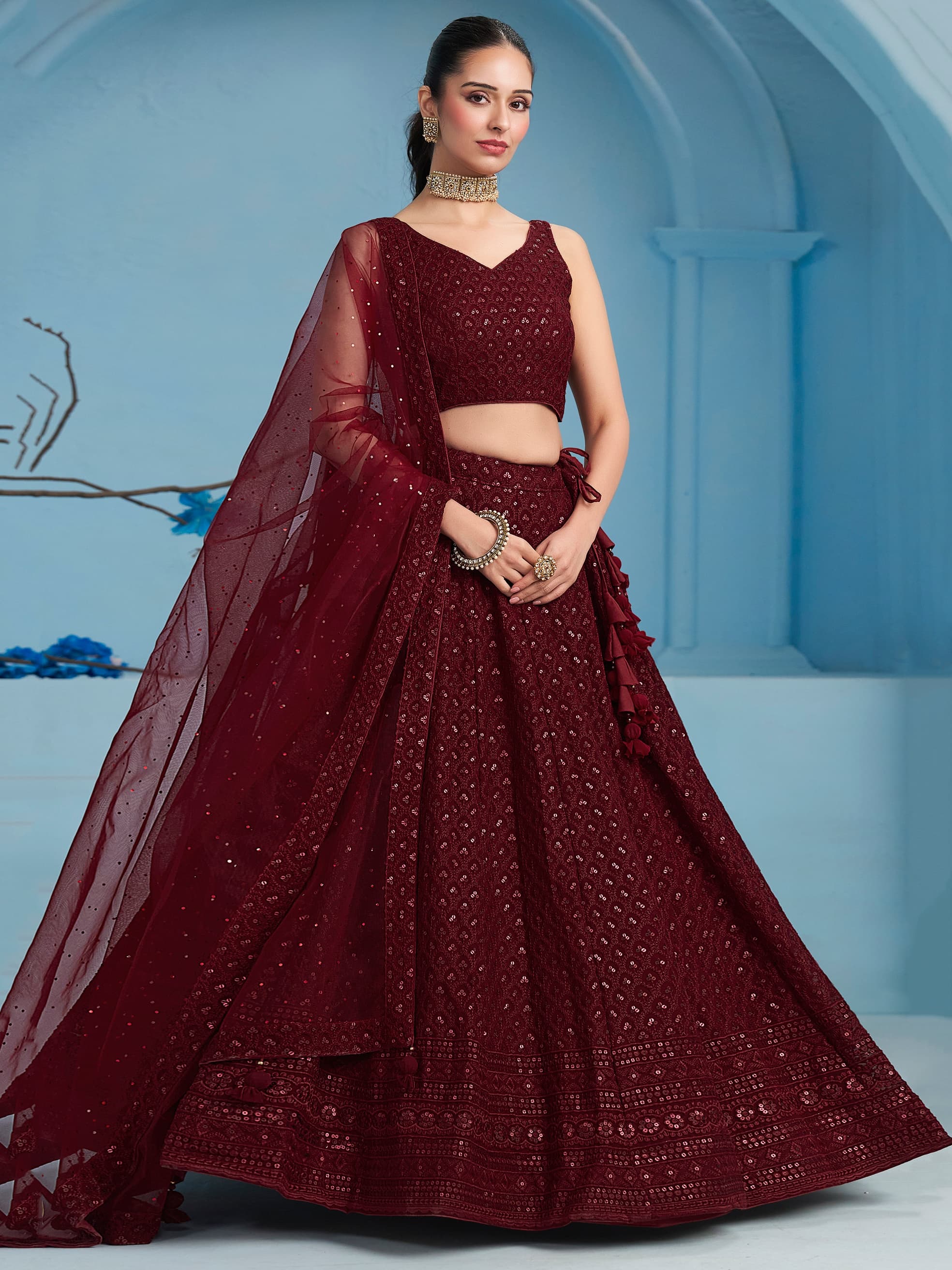 MAROON GEORGETTE BRIDESMAID LEHENGA CHOLI