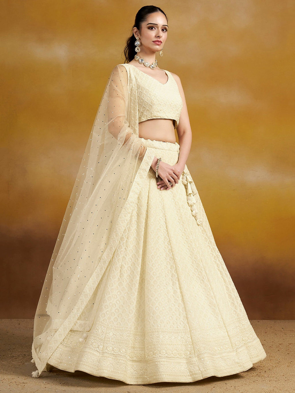 CREAM WHITE GEORGETTE BRIDESMAID LEHENGA CHOLI