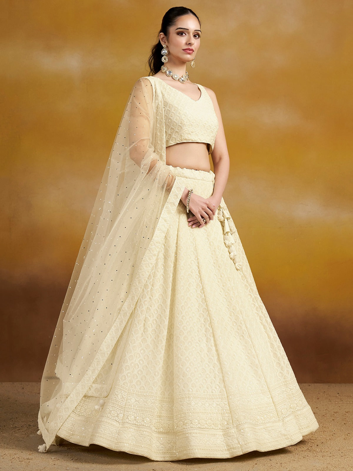 CREAM WHITE GEORGETTE BRIDESMAID LEHENGA CHOLI