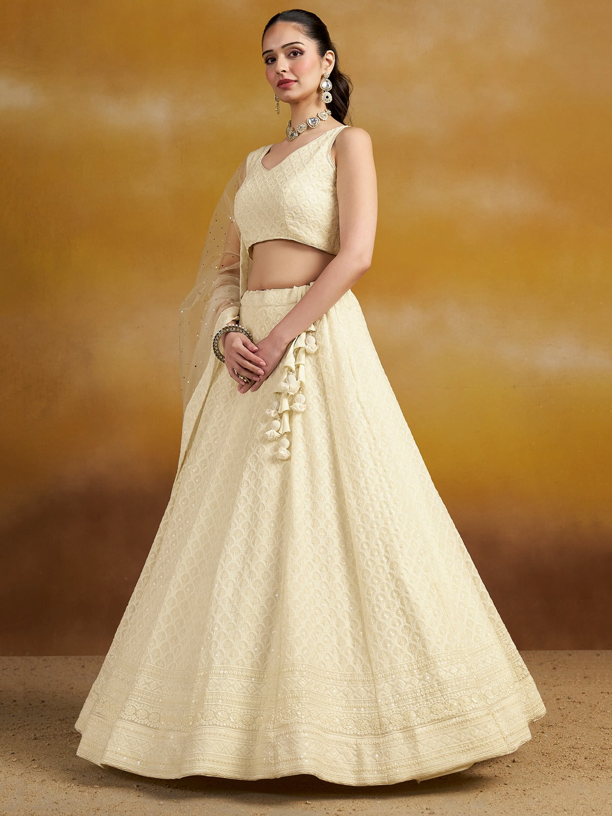 CREAM WHITE GEORGETTE BRIDESMAID LEHENGA CHOLI