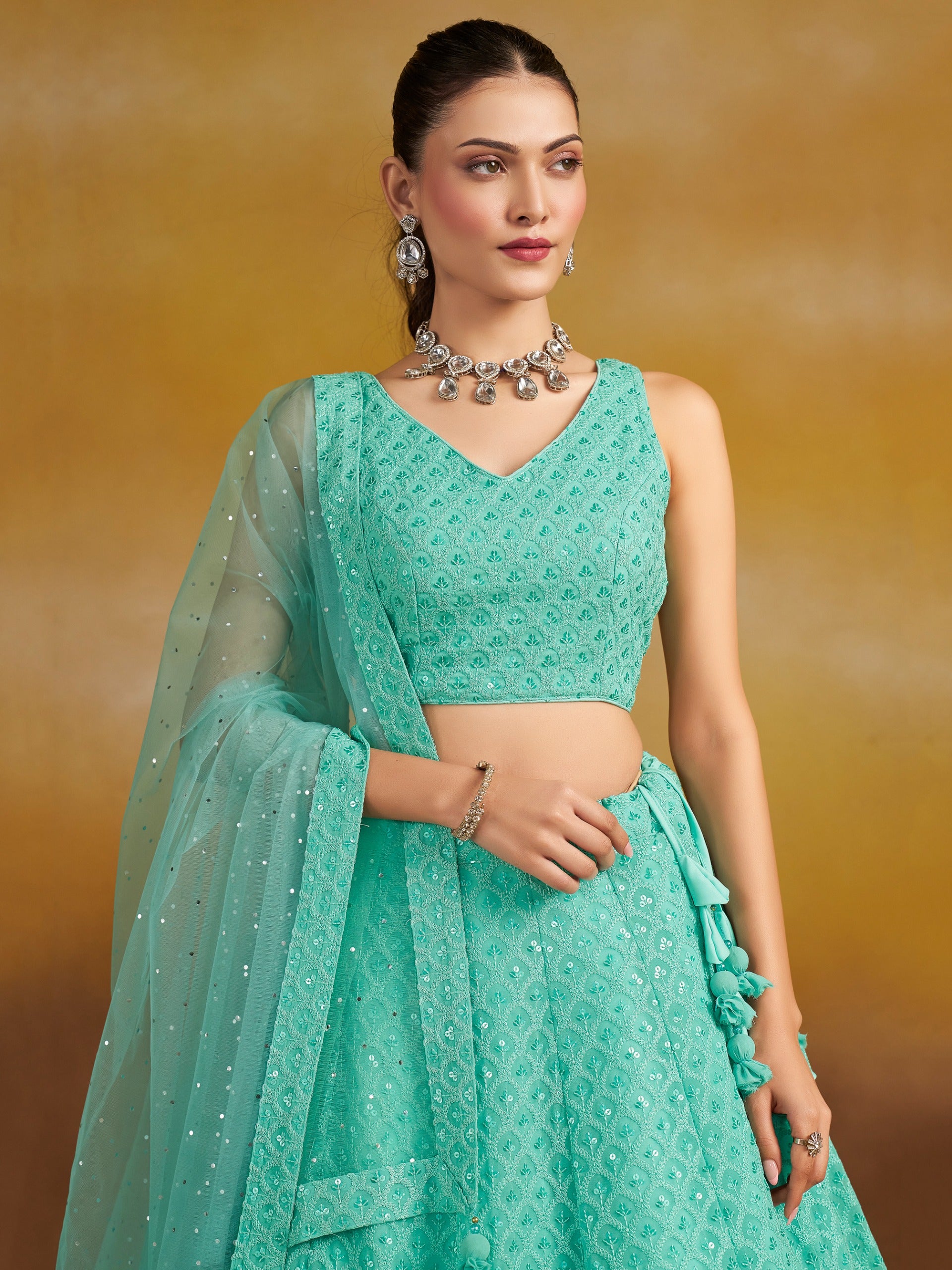TEAL BLUE GEORGETTE BRIDESMAID LEHENGA CHOLI