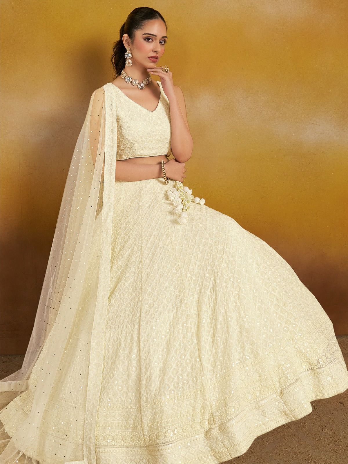 CREAM WHITE GEORGETTE BRIDESMAID LEHENGA CHOLI