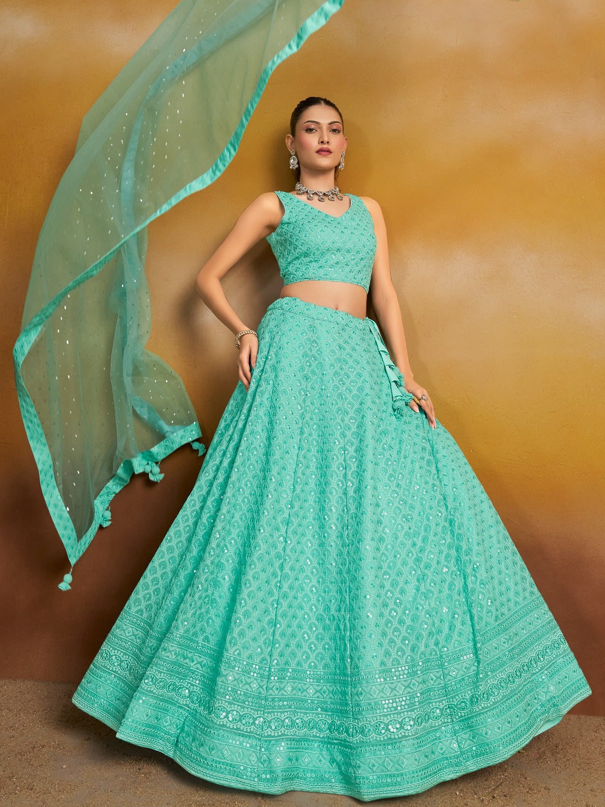 TEAL BLUE GEORGETTE BRIDESMAID LEHENGA CHOLI
