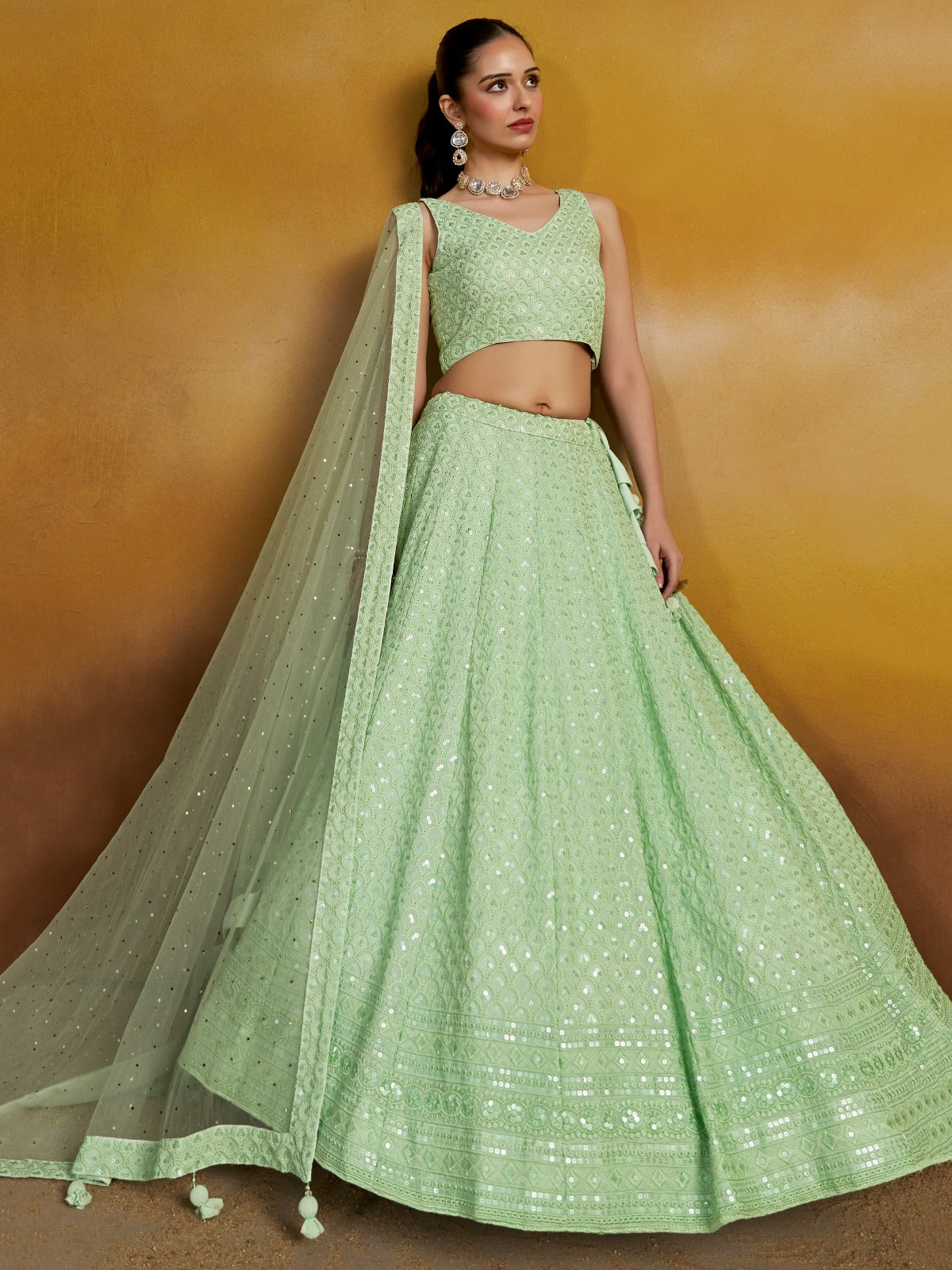 PARROT GREEN GEORGETTE BRIDESMAID LEHENGA CHOLI