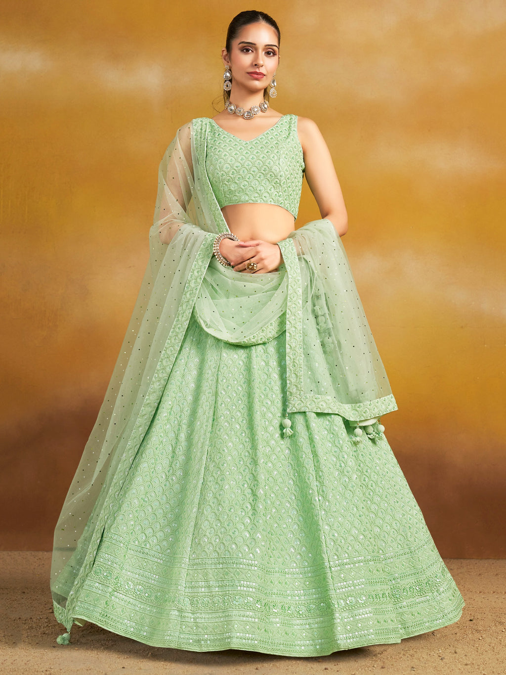 PARROT GREEN GEORGETTE BRIDESMAID LEHENGA CHOLI