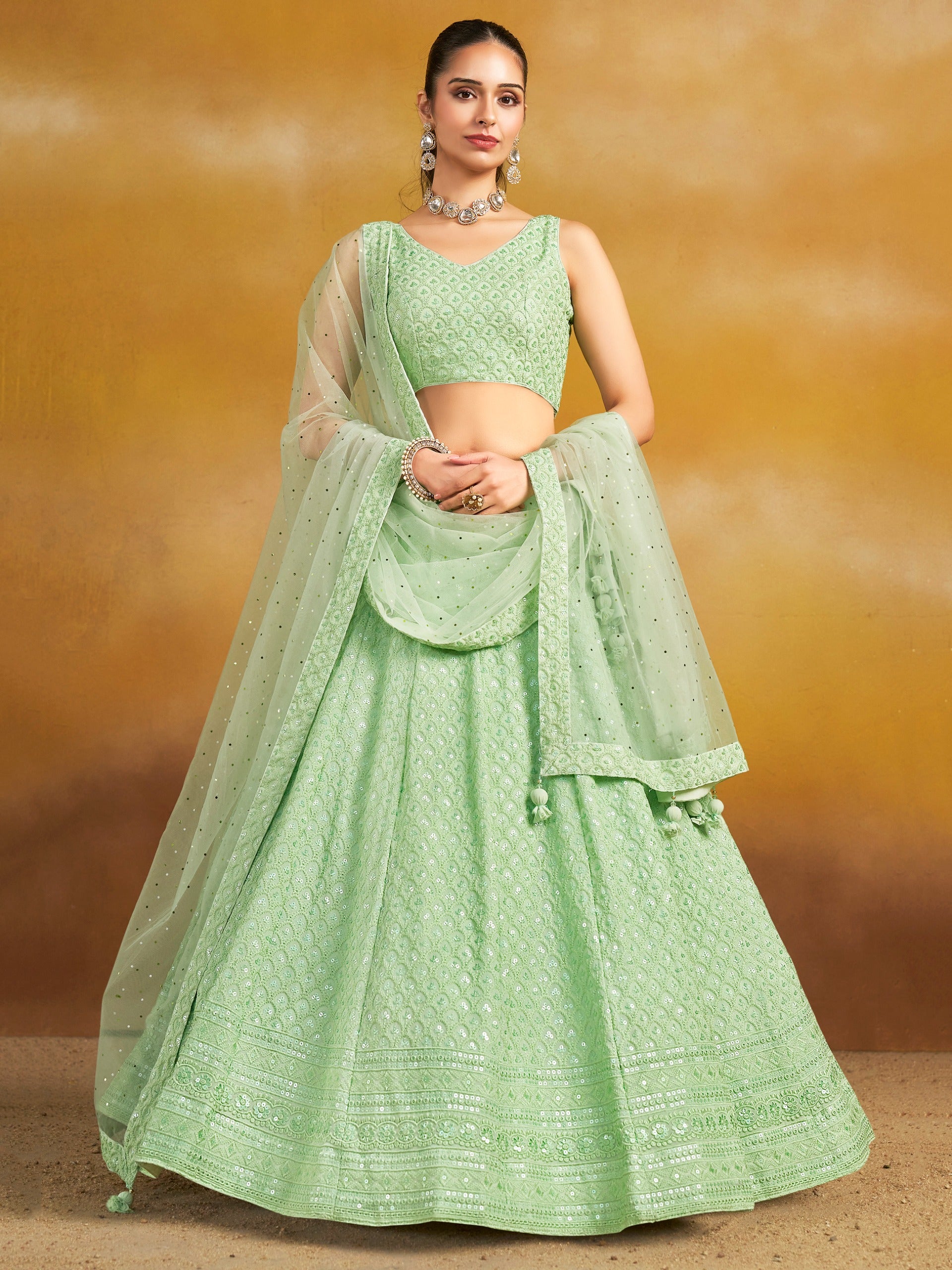 PARROT GREEN GEORGETTE BRIDESMAID LEHENGA CHOLI