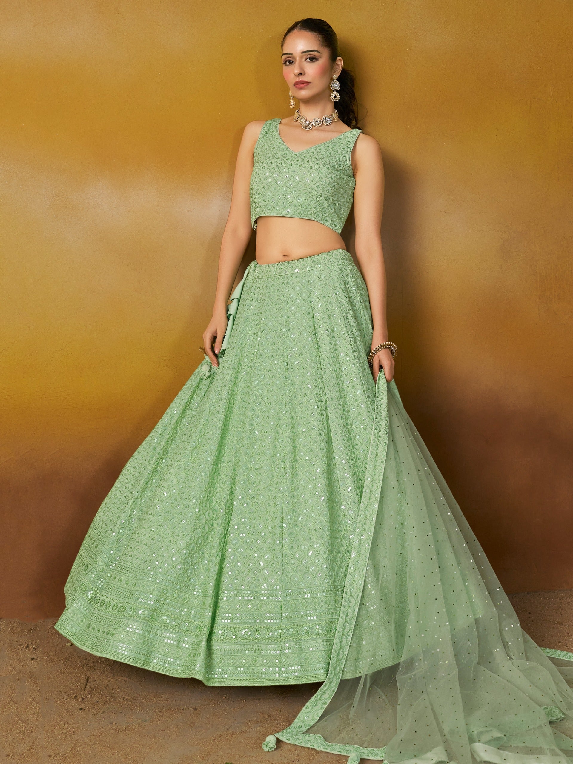 PARROT GREEN GEORGETTE BRIDESMAID LEHENGA CHOLI