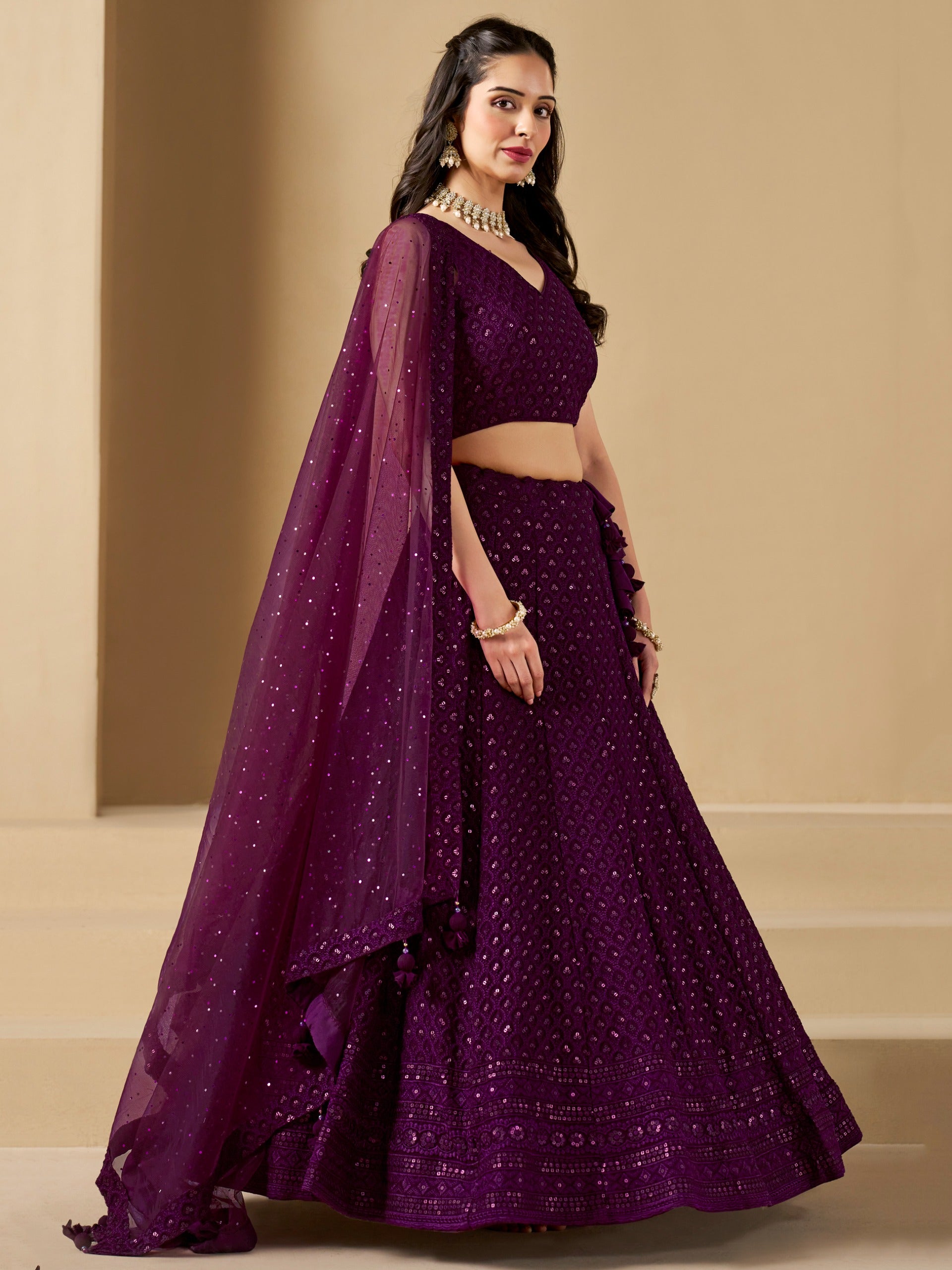 WINE GEORGETTE BRIDESMAID LEHENGA CHOLI