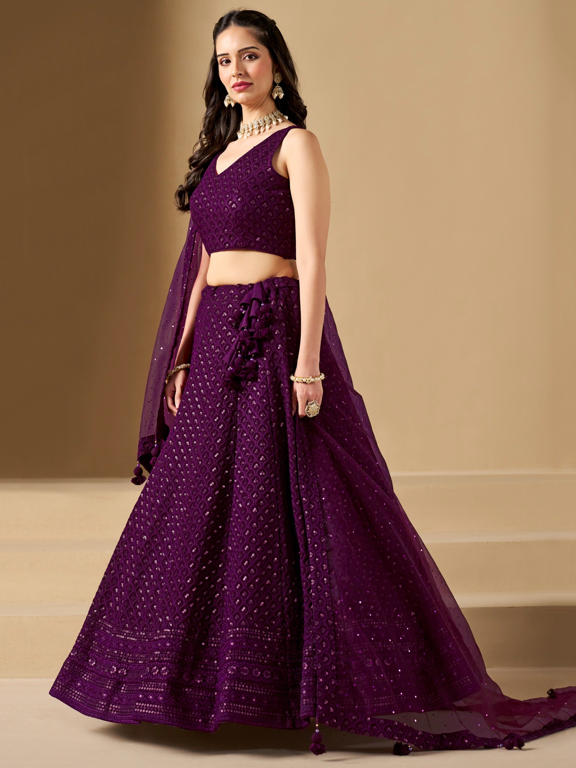 WINE GEORGETTE BRIDESMAID LEHENGA CHOLI