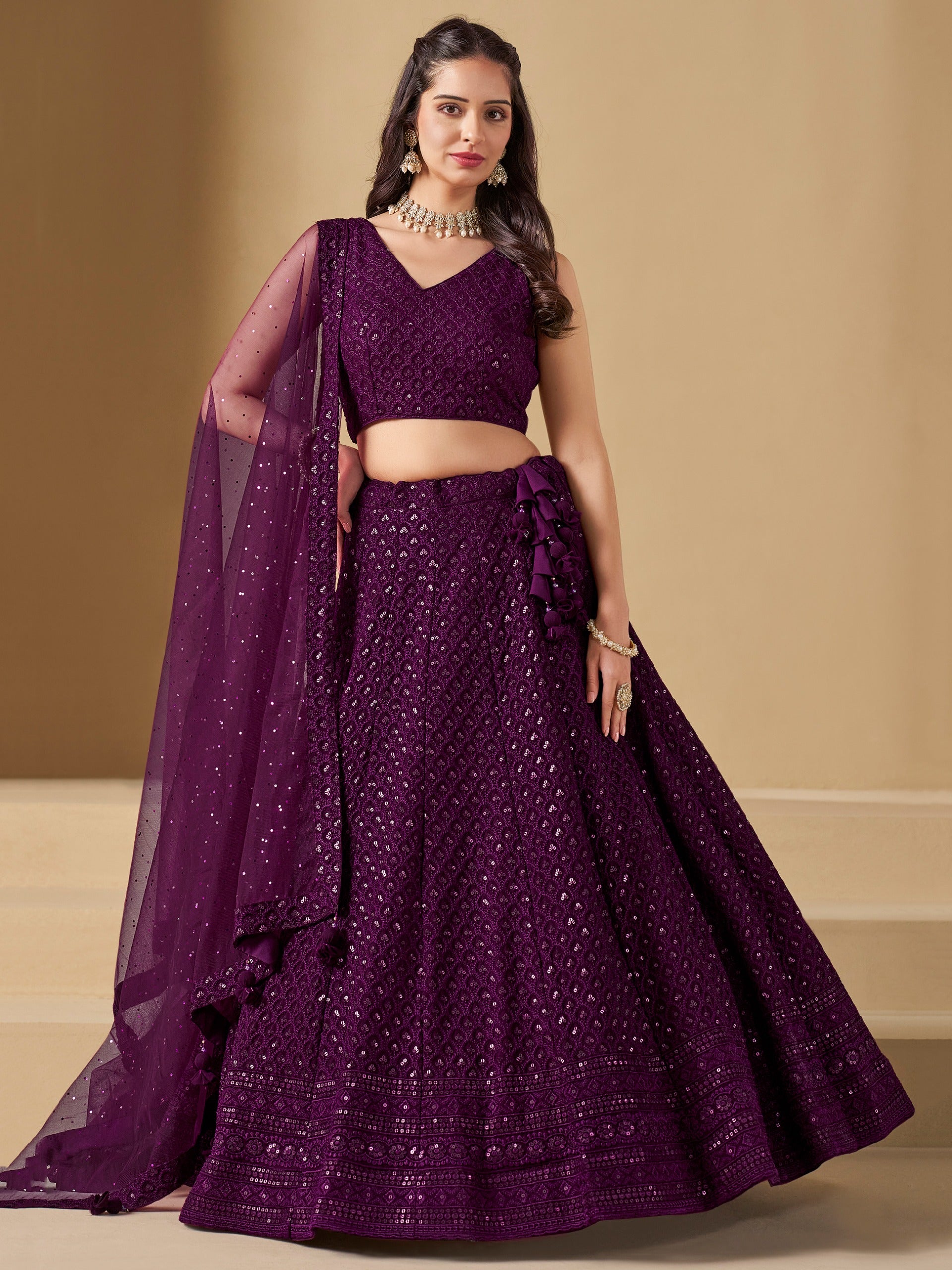 WINE GEORGETTE BRIDESMAID LEHENGA CHOLI