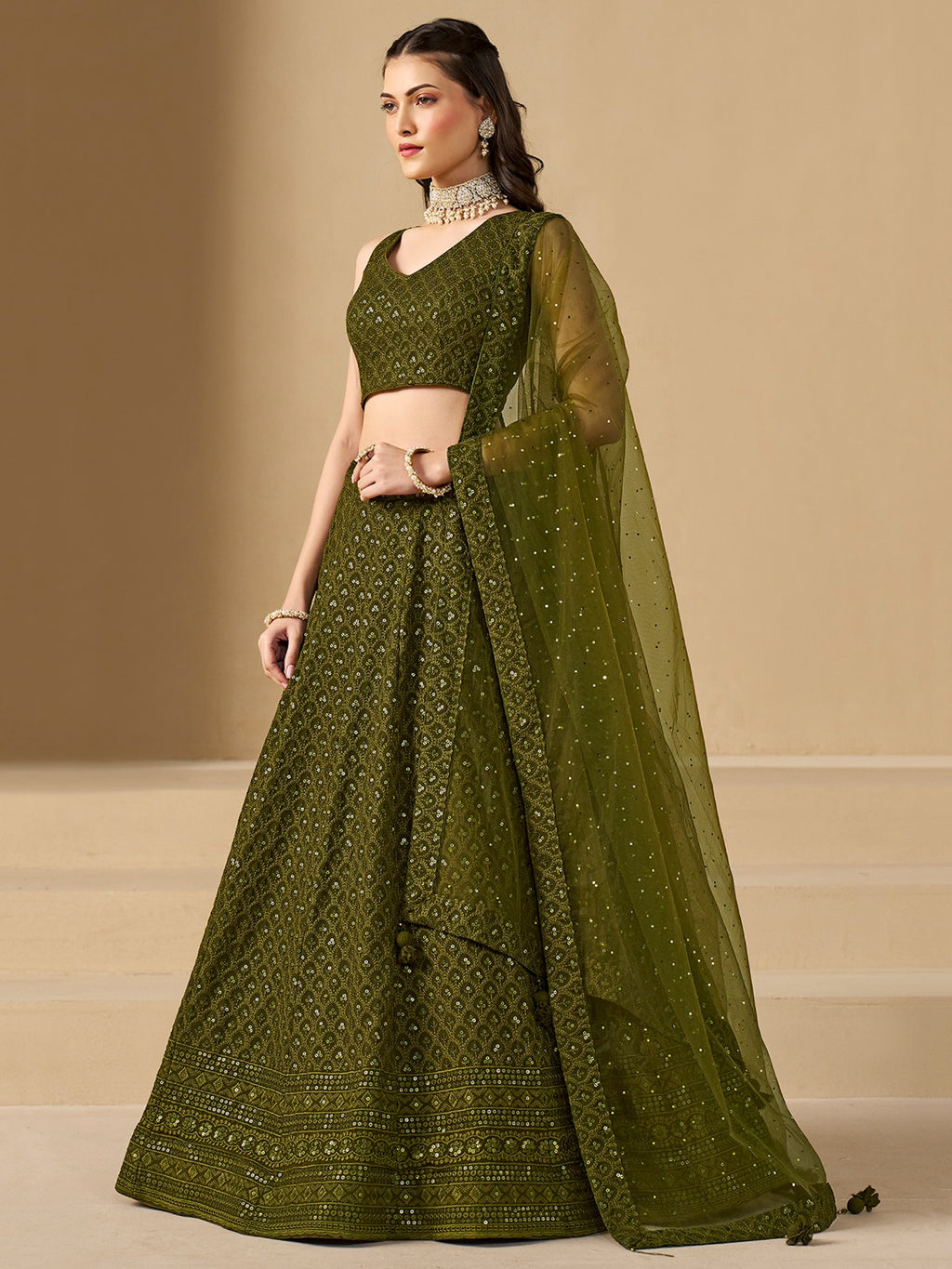 MEHENDI GREEN GEORGETTE BRIDESMAID LEHENGA CHOLI