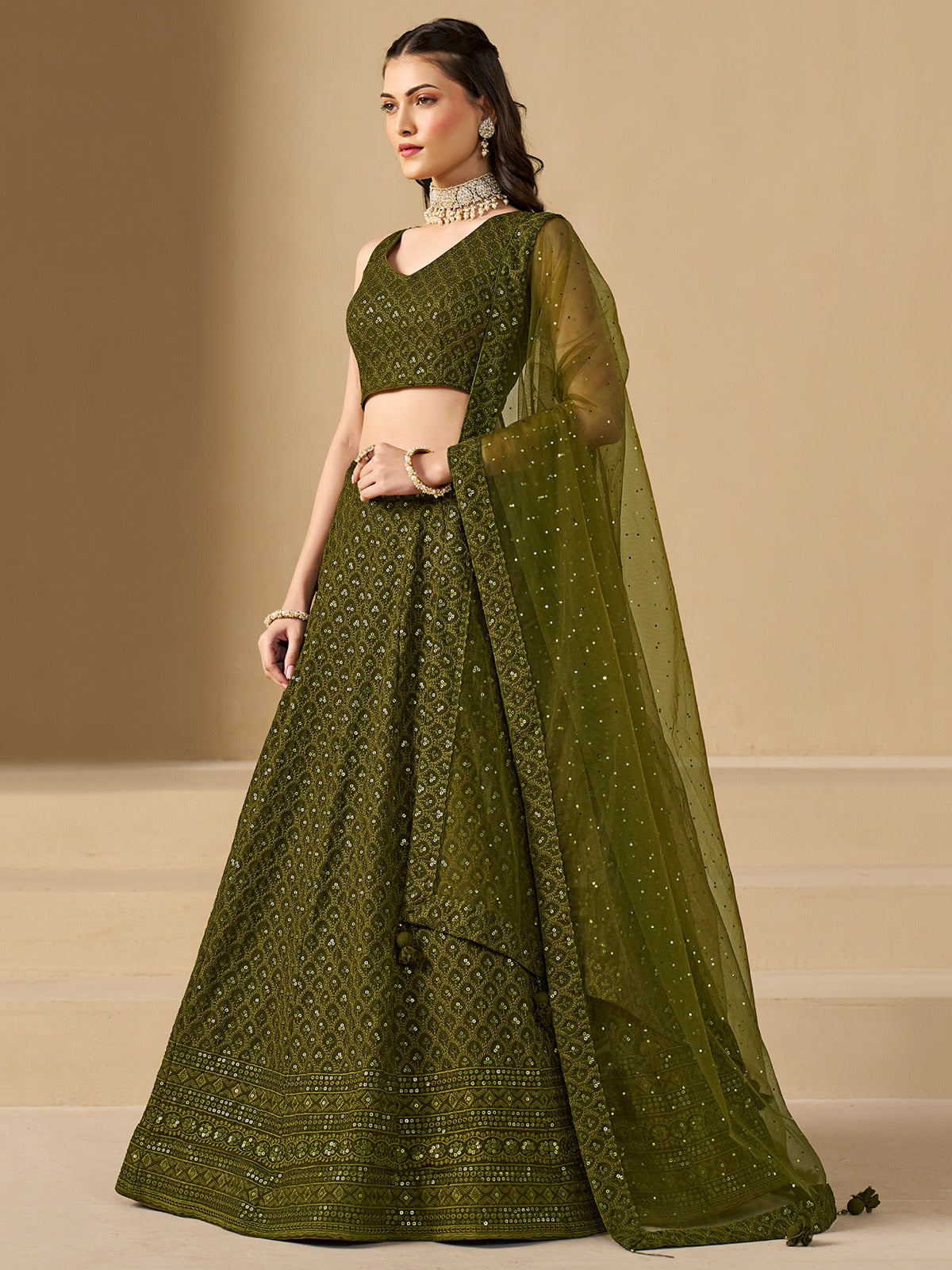 MEHENDI GREEN GEORGETTE BRIDESMAID LEHENGA CHOLI