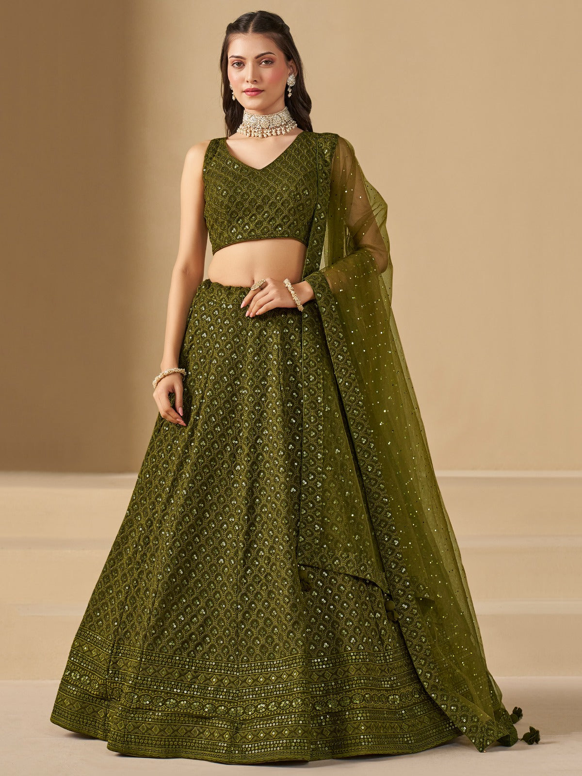 MEHENDI GREEN GEORGETTE BRIDESMAID LEHENGA CHOLI
