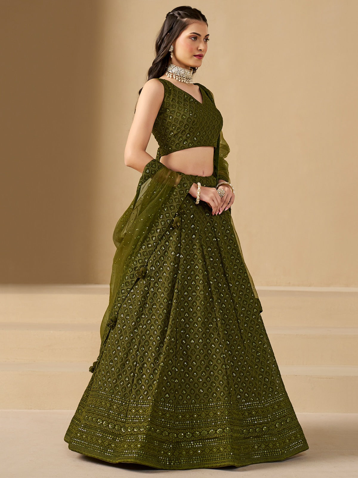 MEHENDI GREEN GEORGETTE BRIDESMAID LEHENGA CHOLI