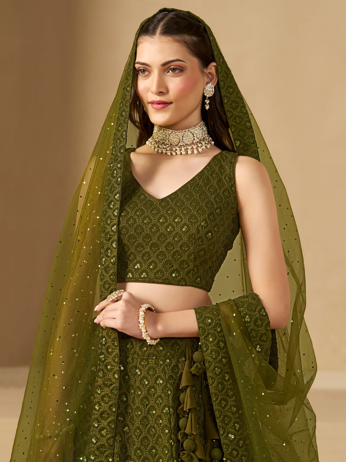 MEHENDI GREEN GEORGETTE BRIDESMAID LEHENGA CHOLI
