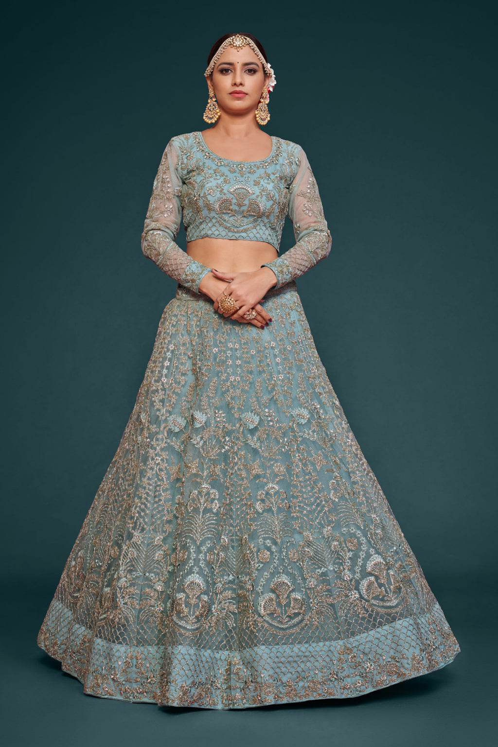 AQUA BLUE SOFT NET LEHENGA CHOLI